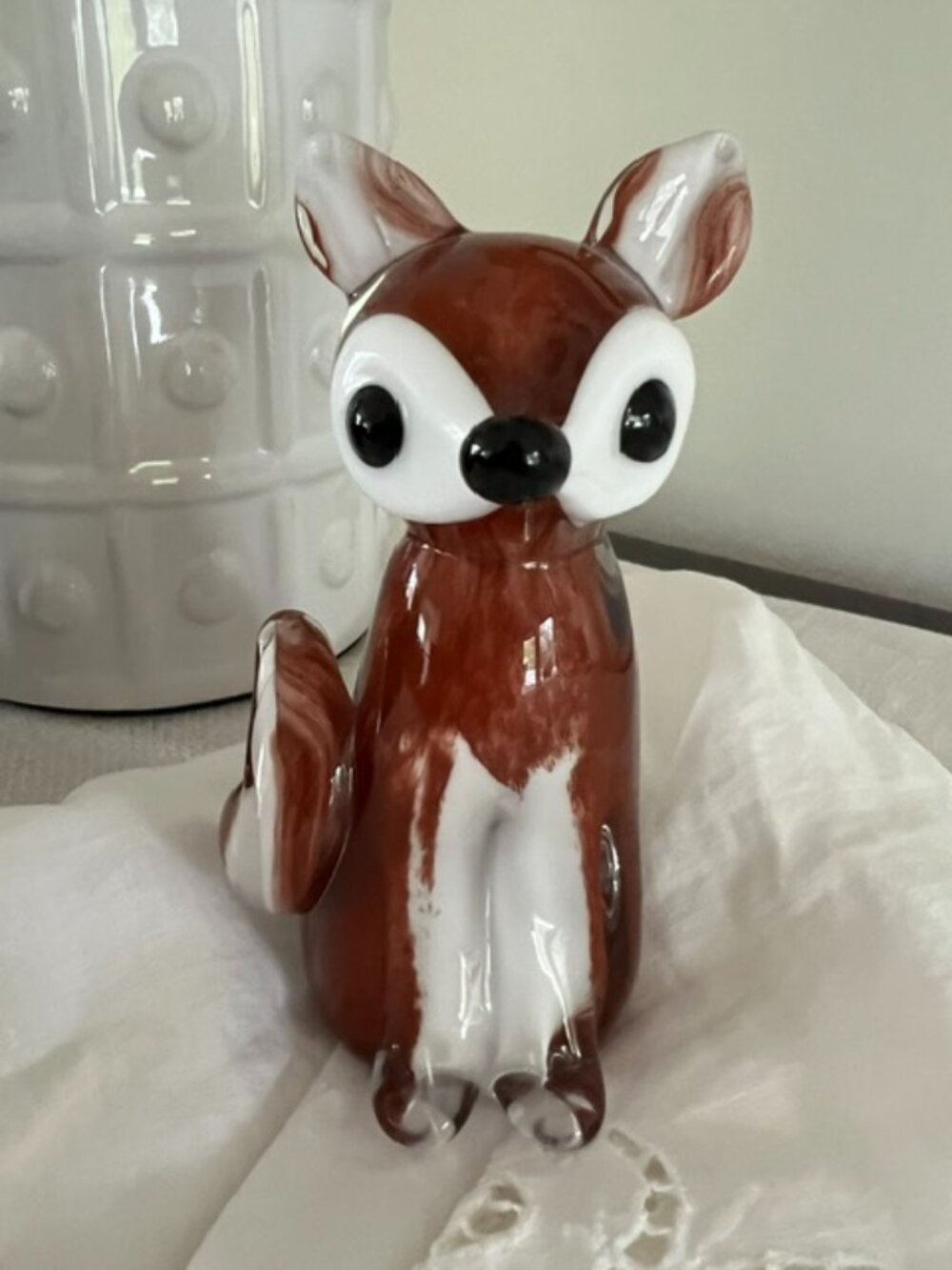 VTG Art Glass Fox Figurine Paperweight Brown & White Animal Sculpture Hand Blown